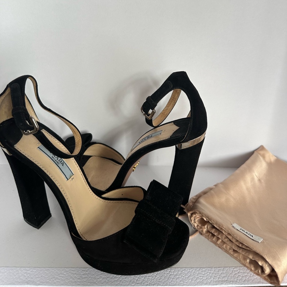 Prada Black Suede Bow Platform Sandal Heel Size 37